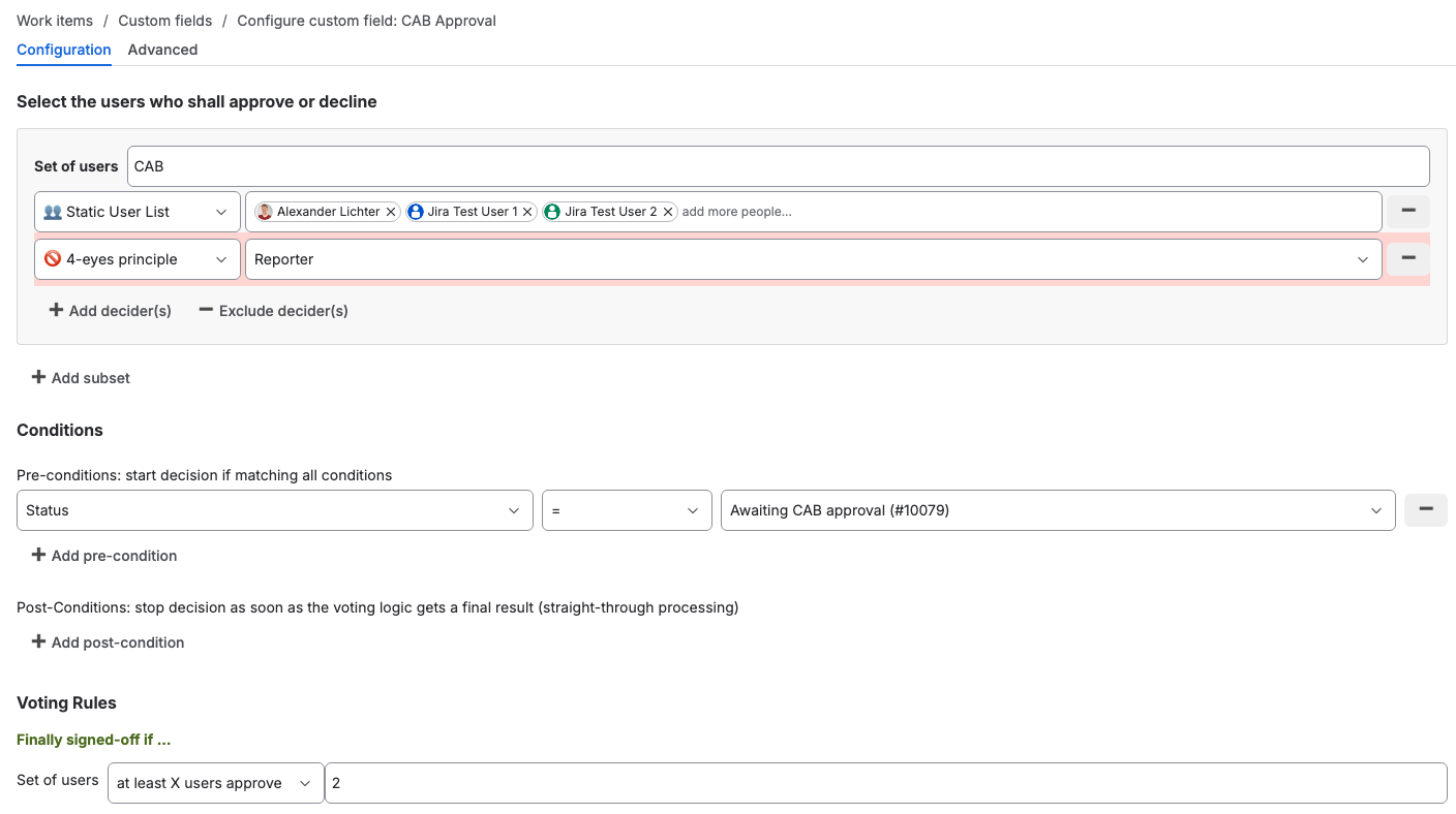 Group Sign-Off configuration of a CAB Approval field: a CAB group of three users, a 4-eyes exclusion on Reporter, a start condition of Status = Awaiting CAB approval, and a voting rule of at least 2 approvals