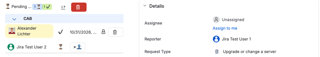 CAB approval on a sample change: one board member has approved with a date and one is still pending. The reporter, shown in the Details panel, is excluded from approving, so both remaining members are needed for the quorum of two