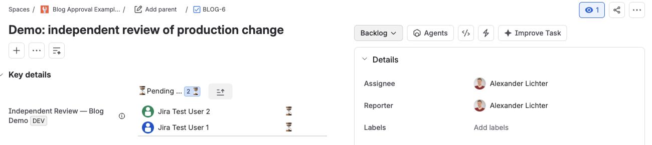 Jira demo issue with Alexander Lichter as both Reporter and Assignee, while only Jira Test User 1 and Jira Test User 2 remain eligible reviewers