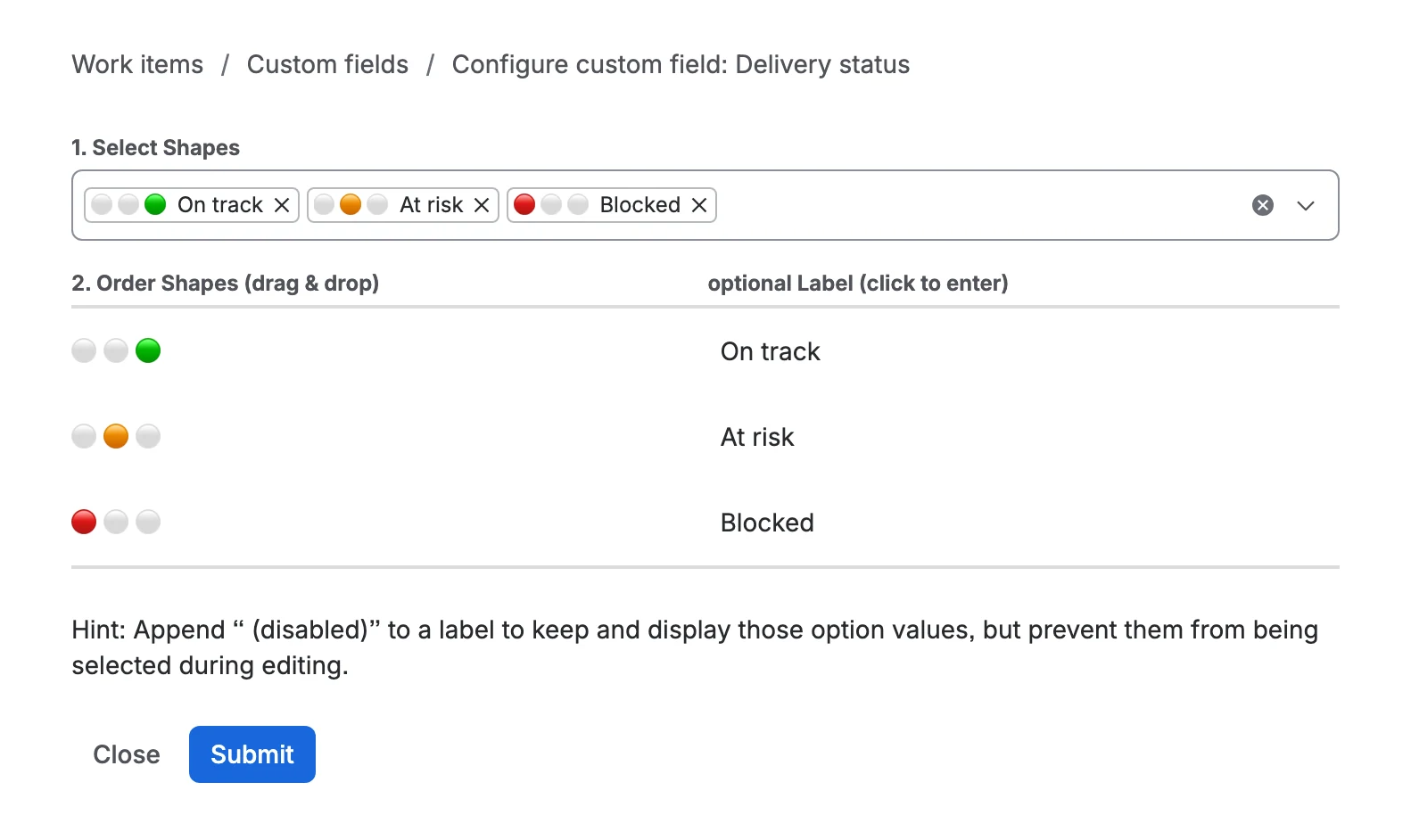 Traffic-Lights field configuration in Jira administration: three traffic-light shapes labelled On track, At risk and Blocked